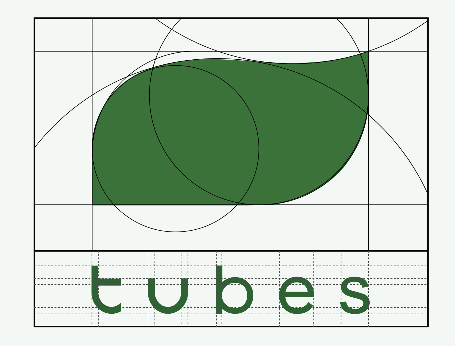 Leaf-shaped secondary logo and tubes wordmark with construction guides