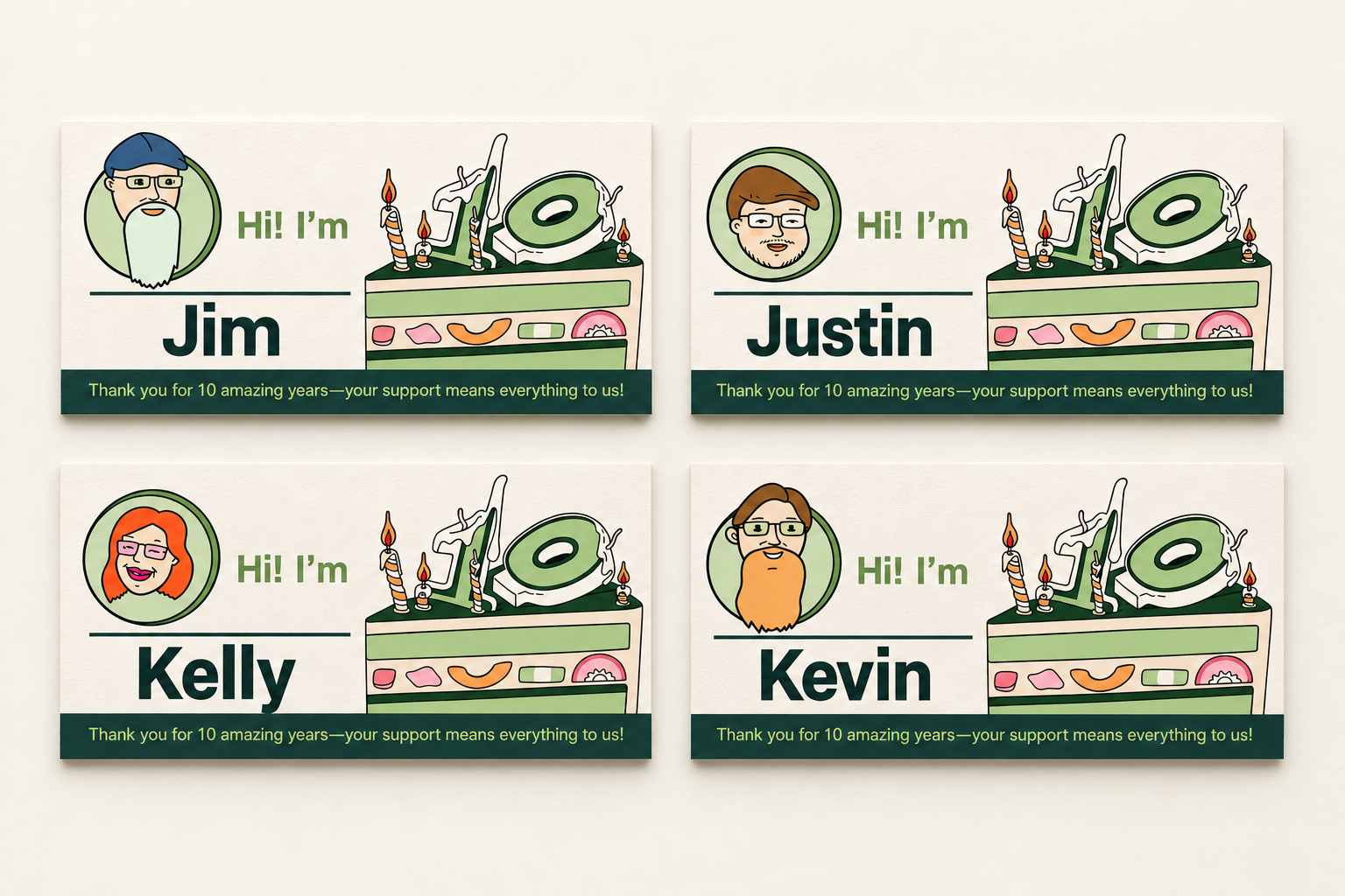 Illustrated wearable name cards for Jim Justin Kelly and Kevin