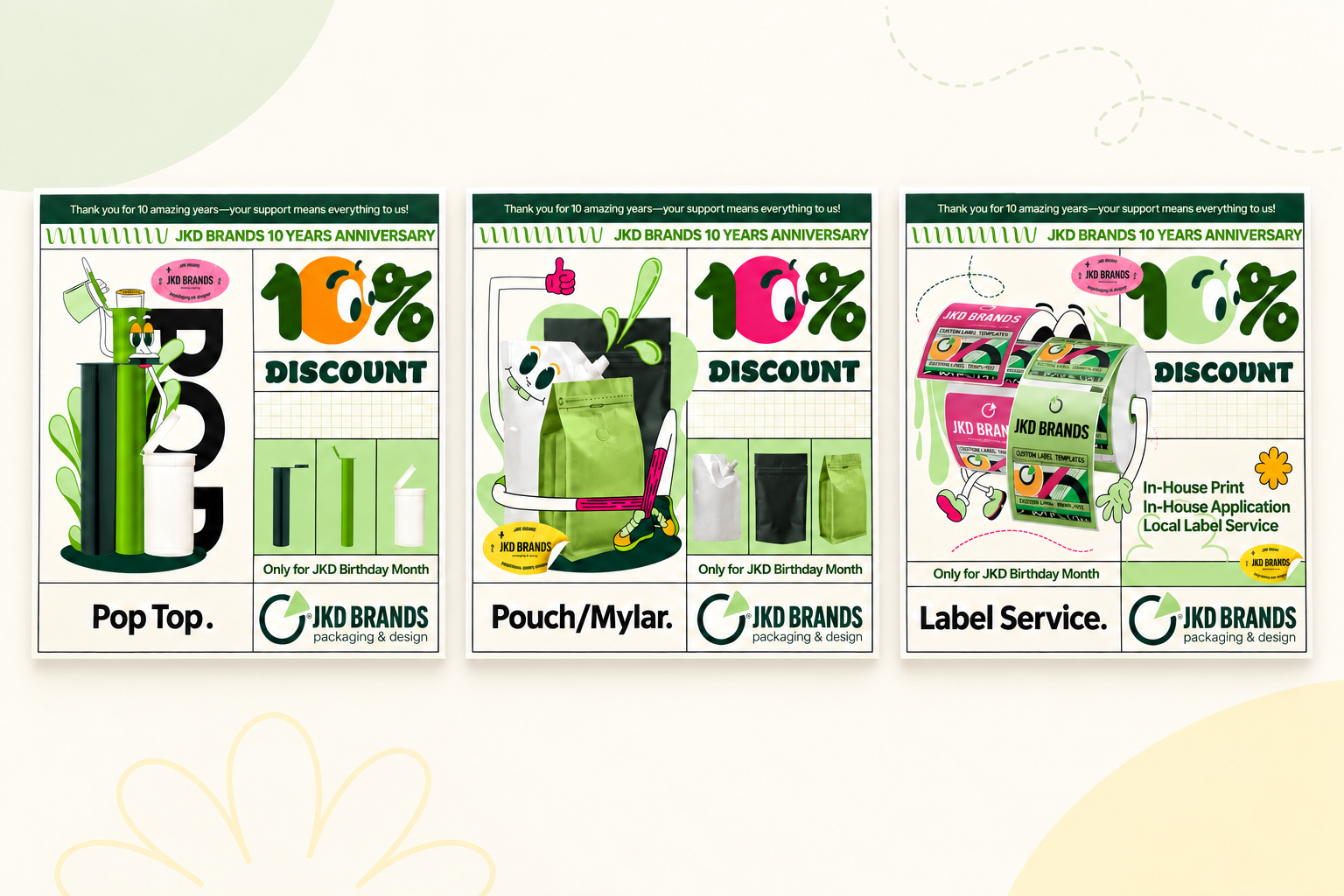 PopTop, Pouch Mylar and Label Service anniversary promotion designs